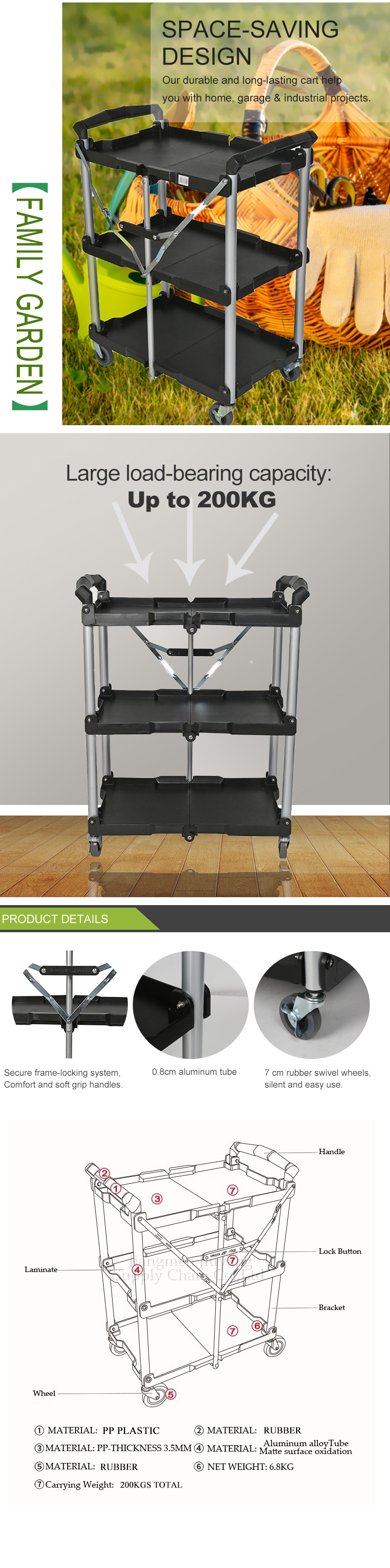 Plastic Folding Serving Trolley Hotel Guest Room Food Service Cart With Wheels Commercial Kitchen Service Utility Cart