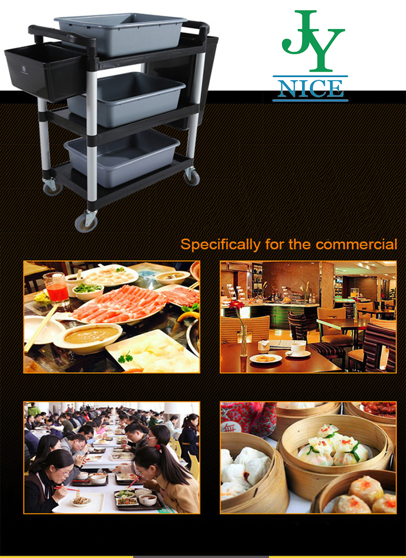 hotel meal delivery 3 layers Food trolley with cutlery box canteen kitchen Four Wheels Gray Black Plastic Service Utility Cart