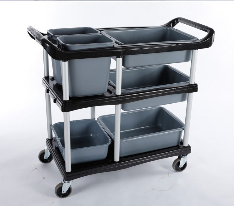 Three Shelf Restaurant Hotel Dish Collecting Cart with bucket stainless steel plates bowls cleaning trolley