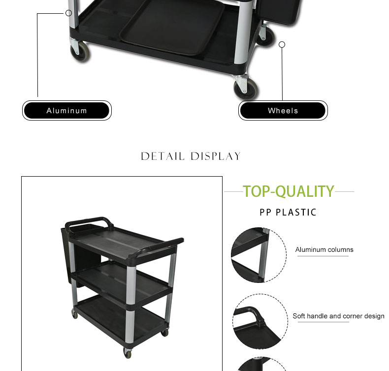 Service Equipment Manufacturer 4 Wheel Food Service Trolley PP plastic 3 layers hospital medical service cart
