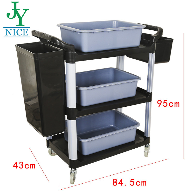 hotel meal delivery 3 layers Food trolley with cutlery box canteen kitchen Four Wheels Gray Black Plastic Service Utility Cart