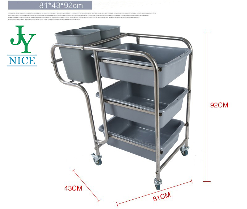 Three Shelf Restaurant Hotel Dish Collecting Cart with bucket stainless steel plates bowls cleaning trolley