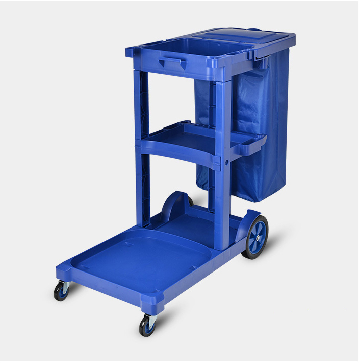 wholesale industrial Platform janitorial cleaning cart blue grey PP plastic hotel housekeeping trolley