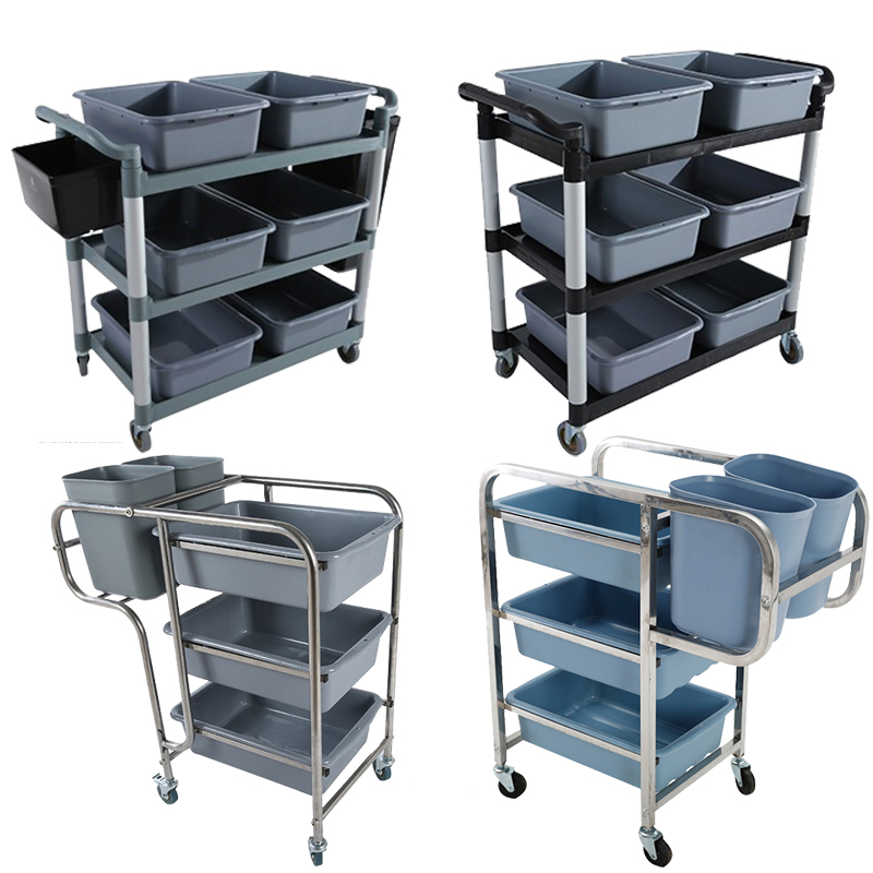 Three Shelf Restaurant Hotel Dish Collecting Cart with bucket stainless steel plates bowls cleaning trolley