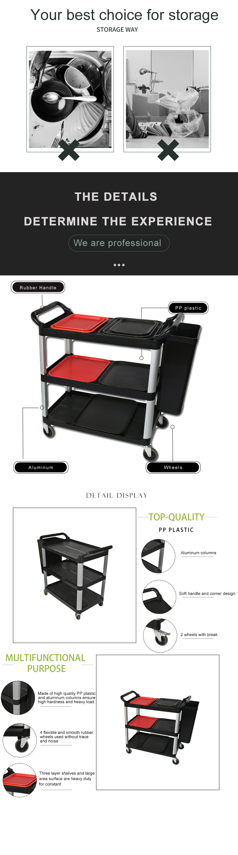 JY-UC02S 3 Tiers Plastic Service Trolley Cart Food Trolley Cart Servicing Cart For Hotel Restaurant