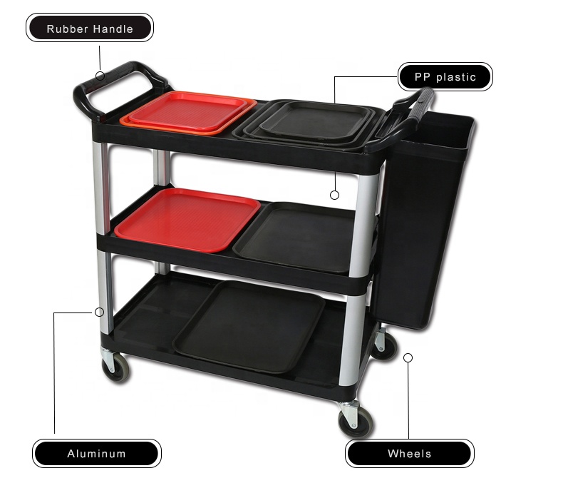 JY-UC02S 3 Tiers Plastic Service Trolley Cart Food Trolley Cart Servicing Cart For Hotel Restaurant