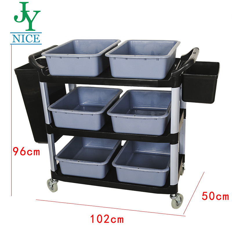 hotel meal delivery 3 layers Food trolley with cutlery box canteen kitchen Four Wheels Gray Black Plastic Service Utility Cart