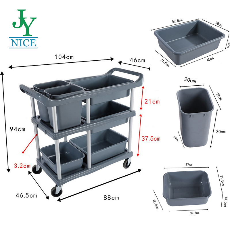 Three Shelf Restaurant Hotel Dish Collecting Cart with bucket stainless steel plates bowls cleaning trolley